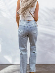 Acid Wash Wide Leg Raw Hem Distressed Jeans | ladies bell bottoms |