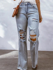Acid Wash Wide Leg Raw Hem Distressed Jeans | ladies bell bottoms |