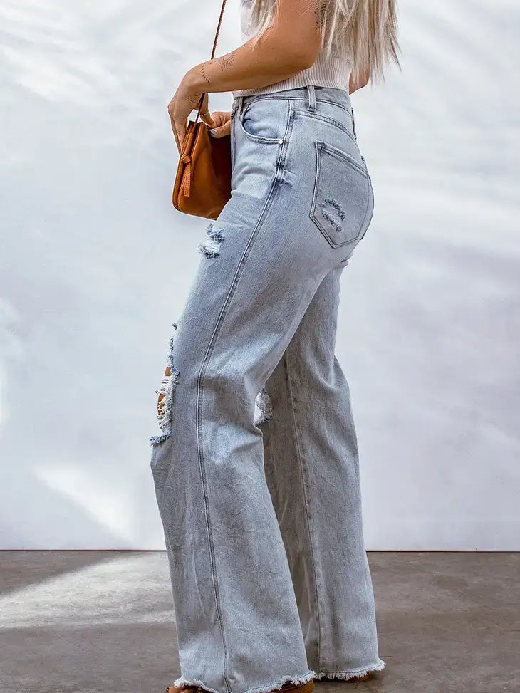 Acid Wash Wide Leg Raw Hem Distressed Jeans | ladies bell bottoms |