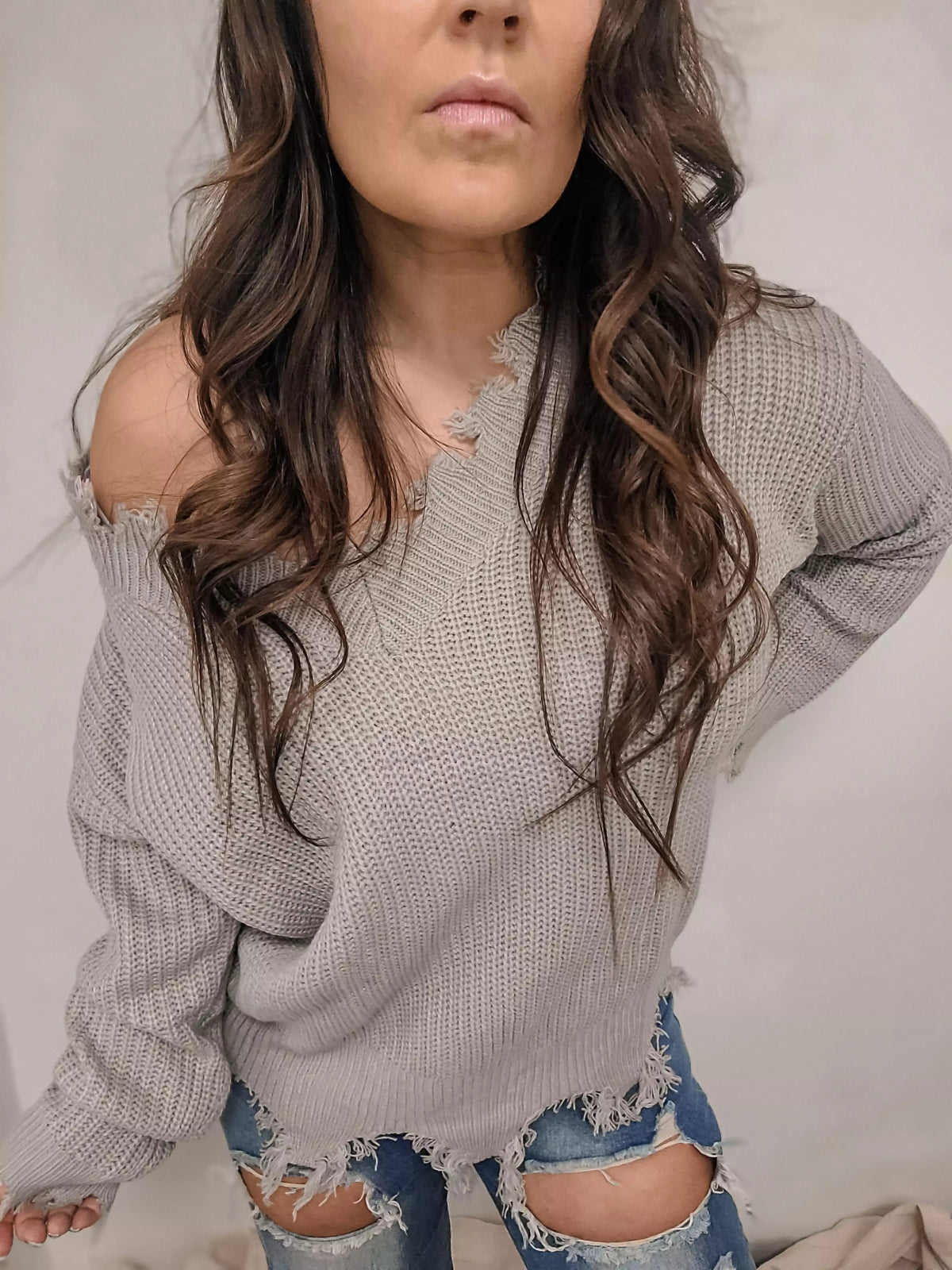 Ami Grey Distressed Sweater - Small | sweater | Ami Grey Distressed Sweater - Western Boho Chic Boutique