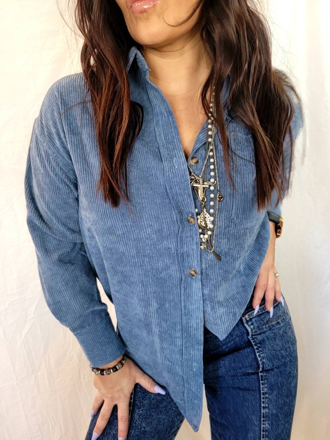 Blue Corduroy Shacket | button down |