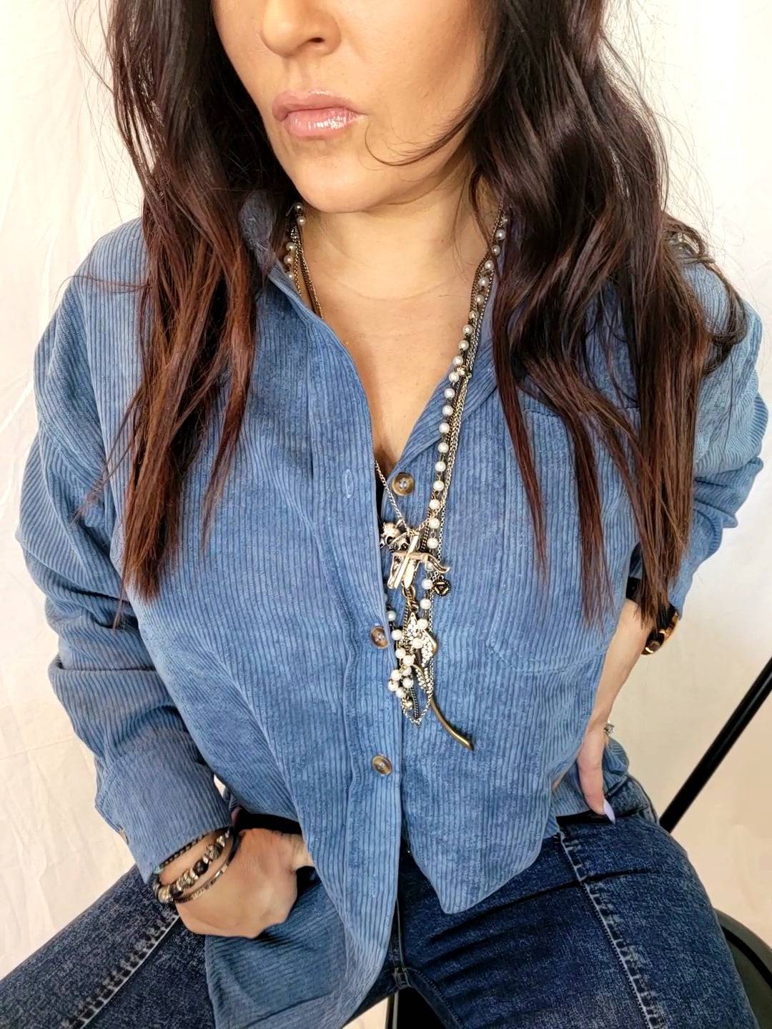 Blue Corduroy Shacket | button down | Blue Corduroy Shacket - Western Boho Chic Boutique