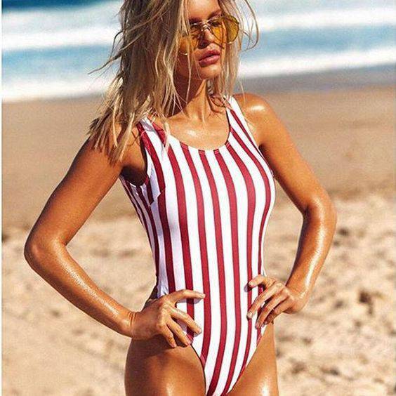 Red and White Striped One Piece Swimwear – The Bevel Label