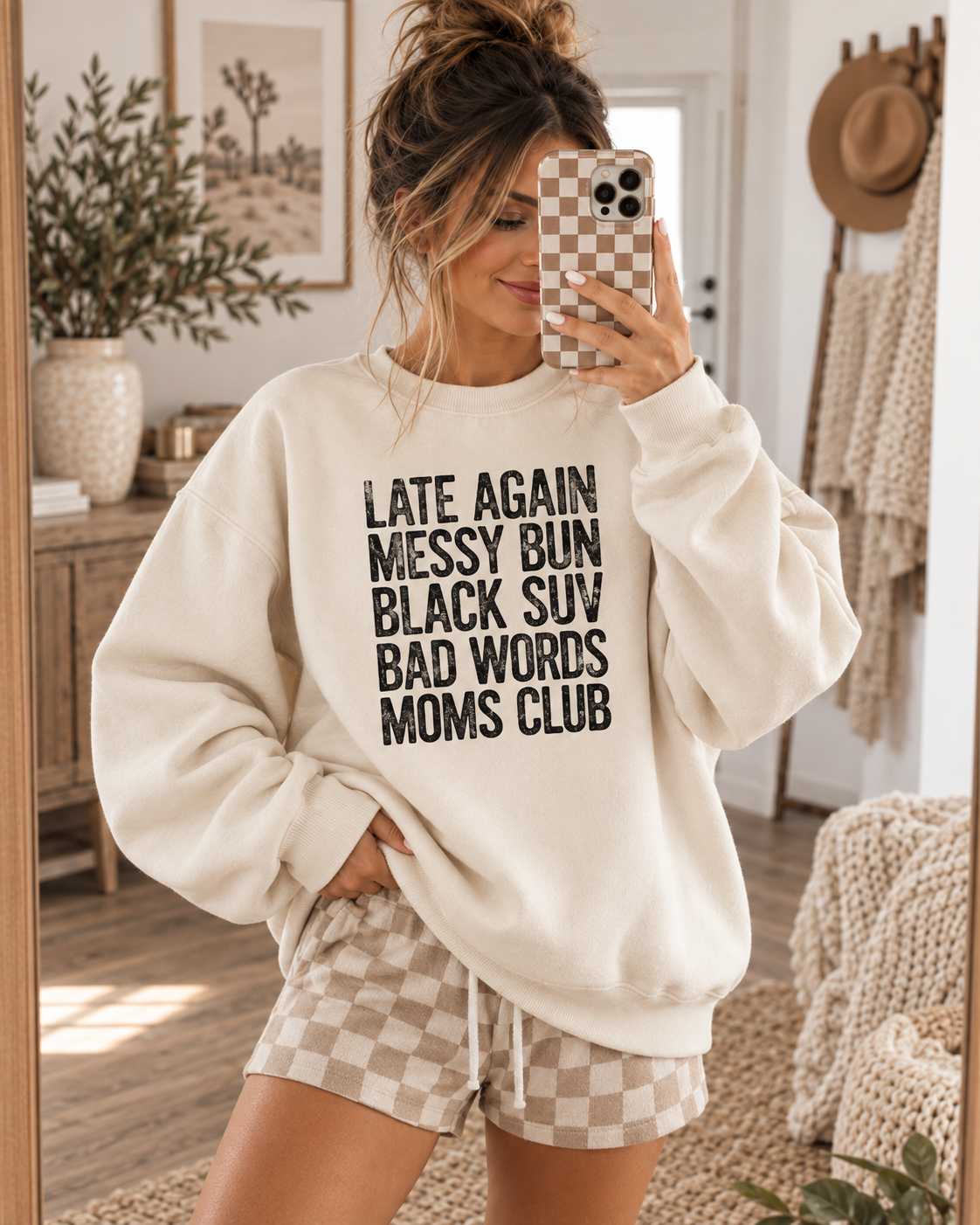 Late Again Messy Bun Moms Club Sweatshirt