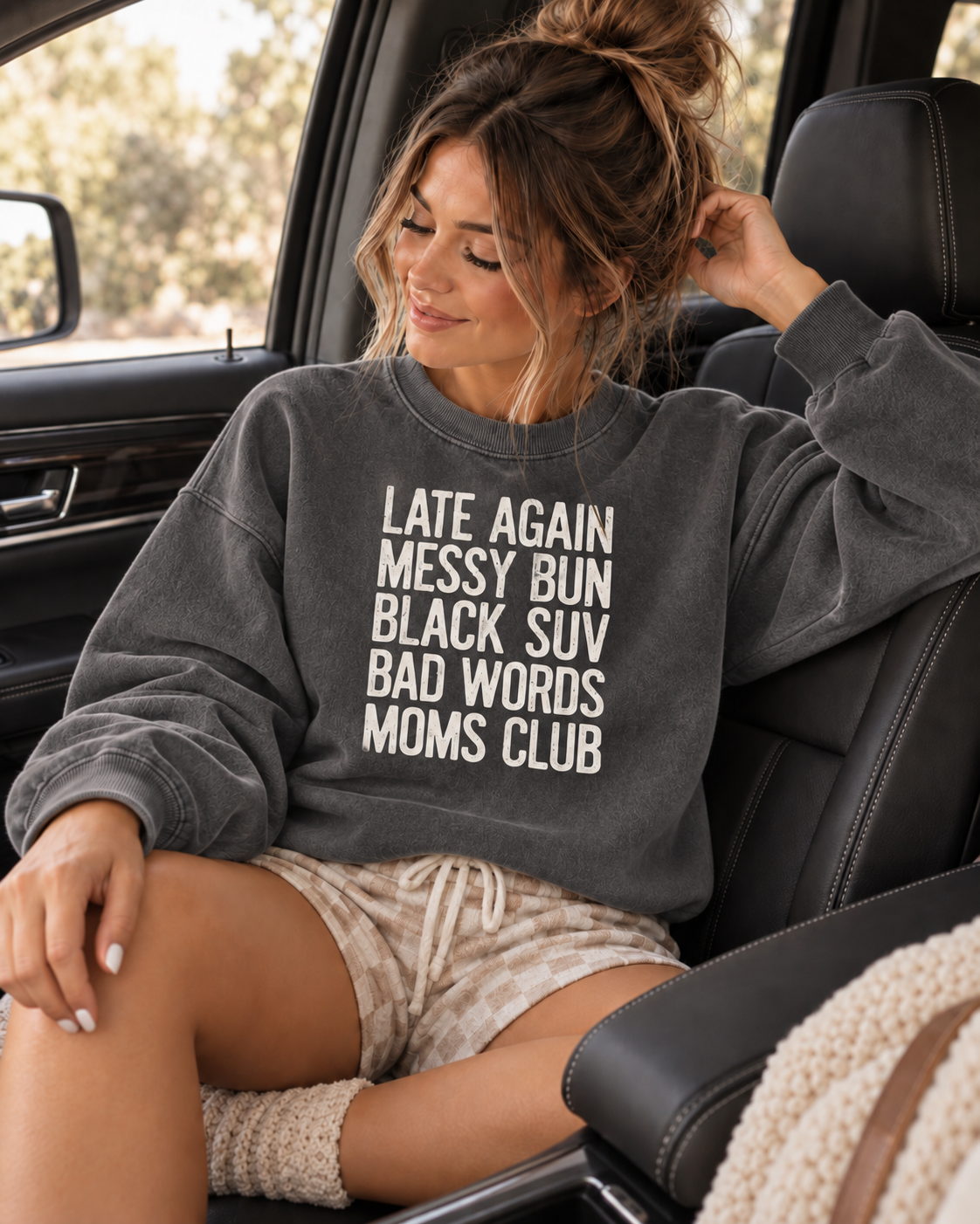 Late Again Messy Bun Moms Club Sweatshirt