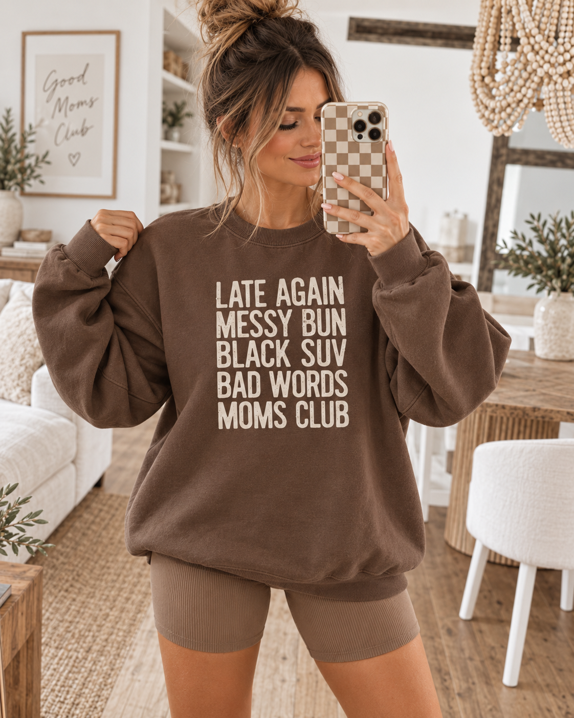 Late Again Messy Bun Moms Club Sweatshirt