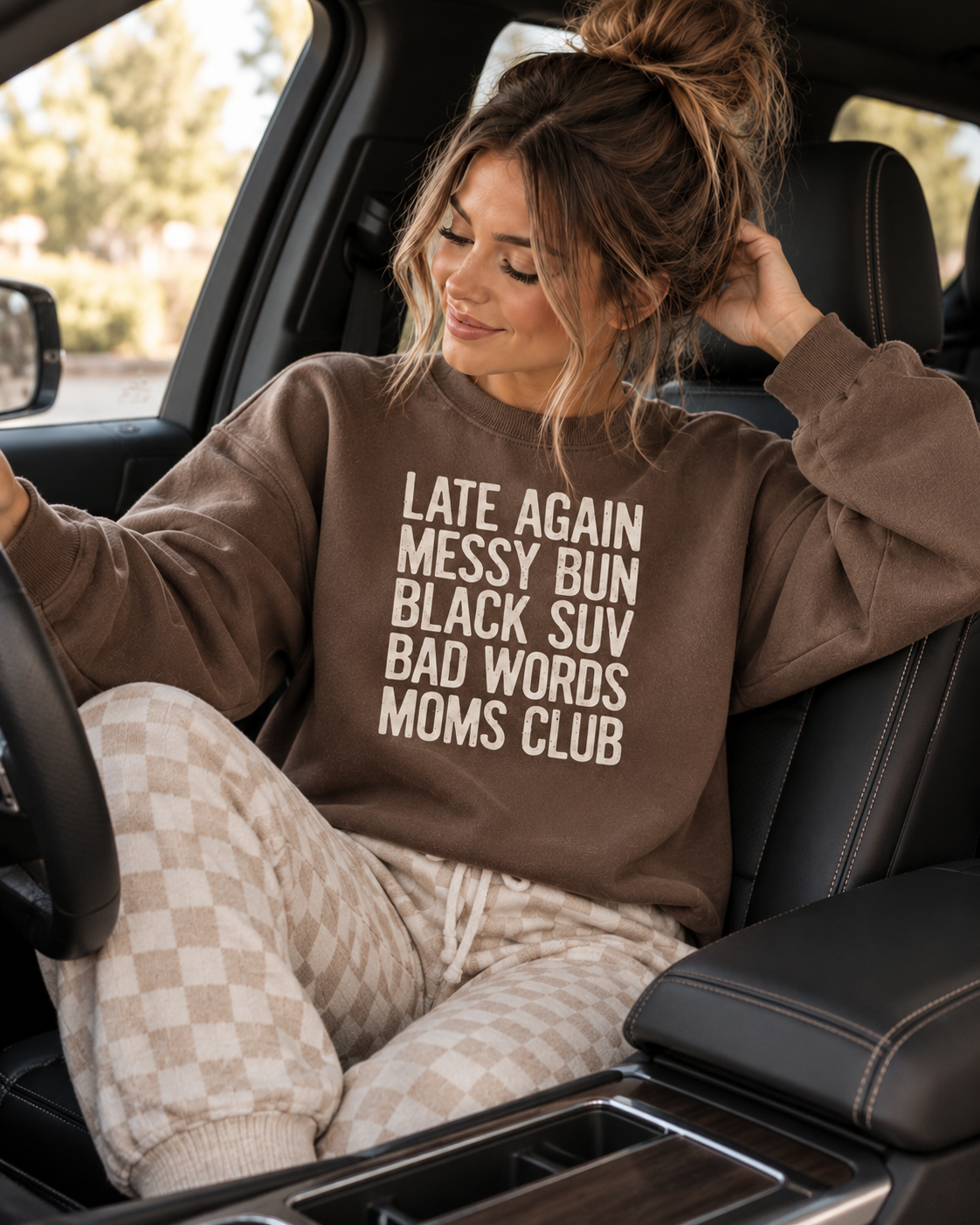 Late Again Messy Bun Moms Club Sweatshirt