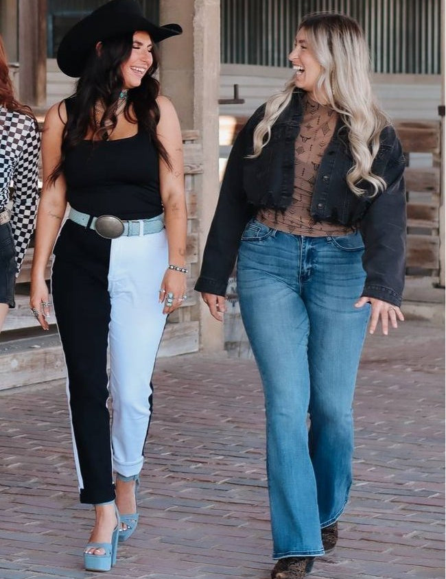 Black and White Poison Patchwork Jeans | pants | Black and White Poison Patchwork Jeans | pants | Brown Aztec Steer Sheer Top - Shirts & Tops