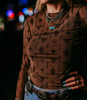 Brown Aztec Steer Sheer Top - Shirts & Tops