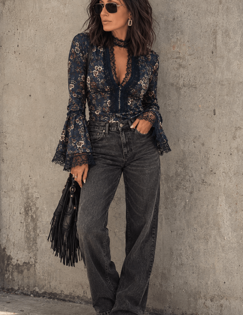 By You Top | Floral Lace V-Neck Bell Sleeve Blouse - Shirts & Tops