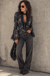 By You Top | Floral Lace V-Neck Bell Sleeve Blouse - Shirts & Tops