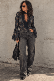 By You Top | Floral Lace V-Neck Bell Sleeve Blouse - Shirts & Tops