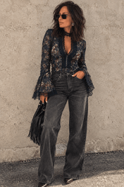 By You Top | Floral Lace V-Neck Bell Sleeve Blouse - Shirts & Tops
