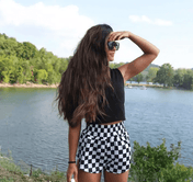Checkmate Black and White Checkered Athletic Leisure Shorts | shorts | Checkmate Black and White Checkered Athletic Leisure Shorts