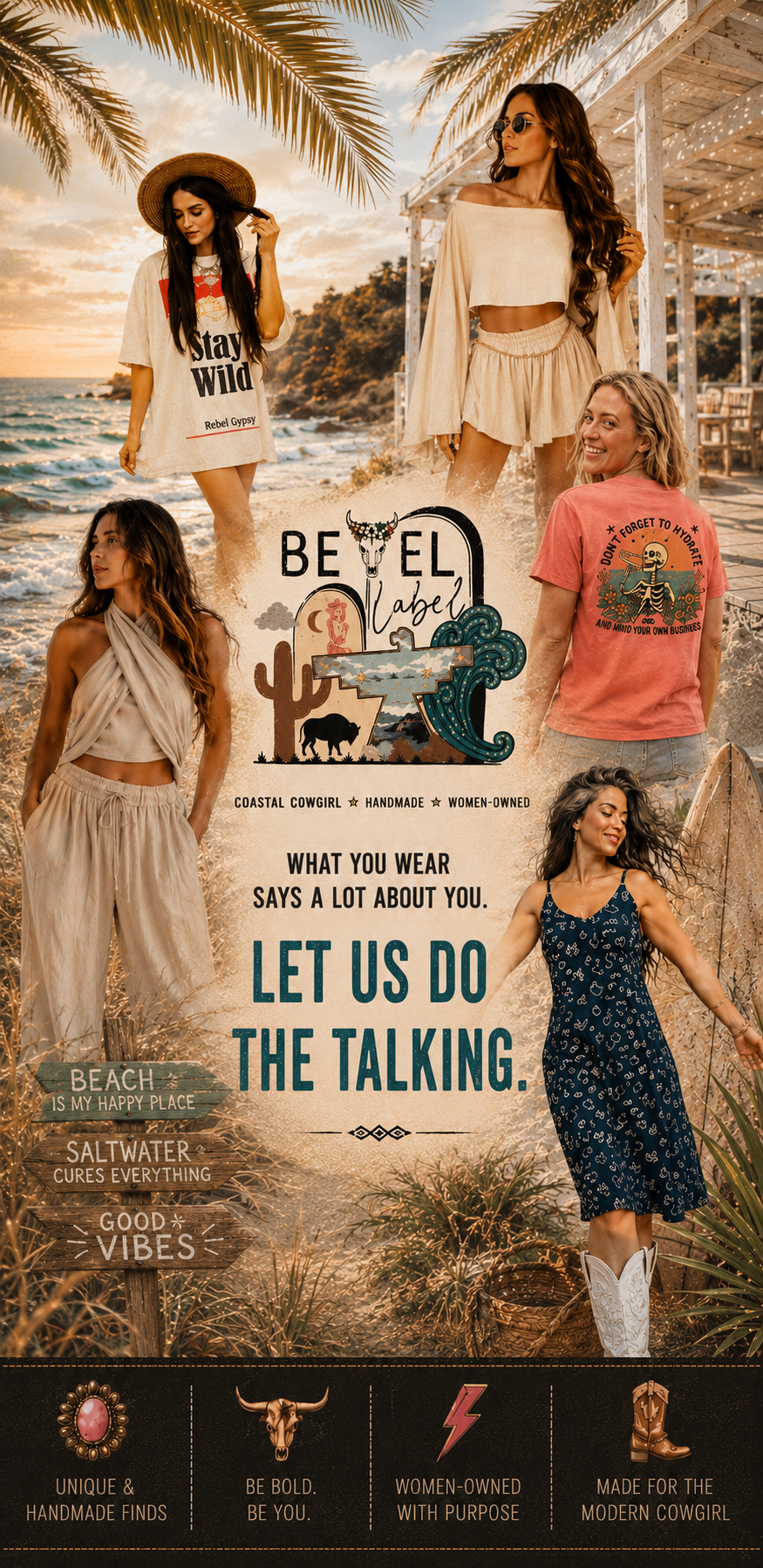 Promotional poster for a clothing brand with models on a beach and text about clothing choices.
