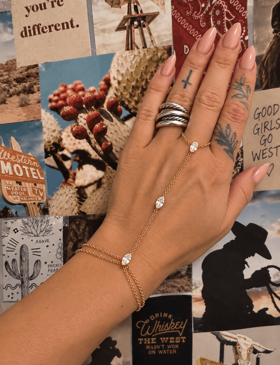 Crystal Hand Chain Bracelet | Gold or Silver Finger Ring Bracelet Wristlet | bracelet | A close-up of a person's hand wearing a delicate gold chain bracelet and matching ring, with layered silver rings on another finger. The jewelry is displayed against a collage background of vintage Western-themed posters and illustrations.