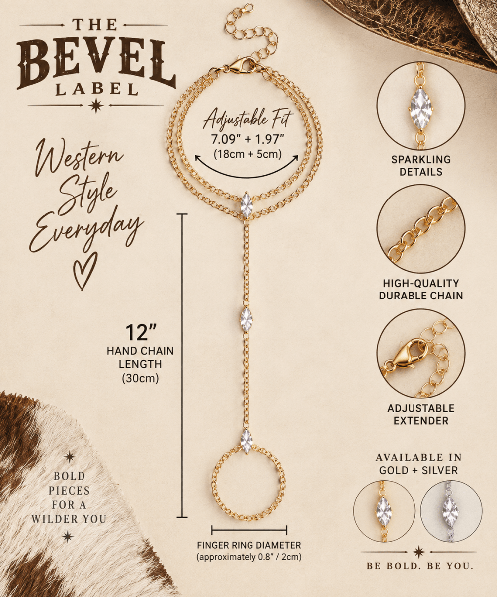 Crystal Hand Chain Bracelet | Gold or Silver Finger Ring Bracelet Wristlet | bracelet | A promotional product graphic for a gold-tone bevel label chain bracelet with a long drop chain, circular finger ring, and adjustable clasp. The image includes text callouts such as 'Western Style Everyday,' 'Adjustable Fit,' '12" HAND CHAIN LENGTH,' 'SPARKLING DETAILS,' 'HIGH-QUALITY DURABLE CHAIN,' 'ADJUSTABLE EXTENDER,' and 'AVAILABLE IN GOLD + SILVER,' plus circular inset close-ups of the chain, clasp, an