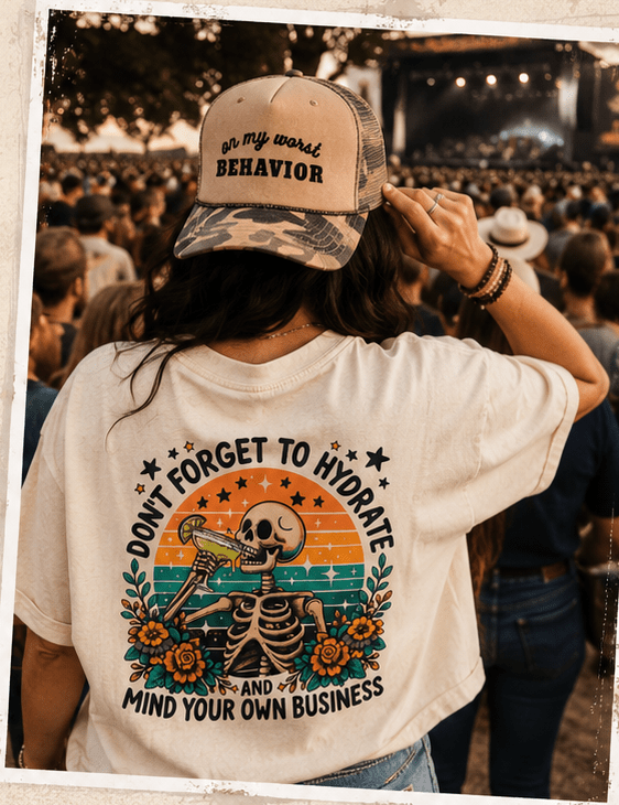 "Don't Forget to Hydrate" Semi-Cropped Western Graphic Tee — Funny Bachelorette & Girls Trip Tee | T-Shirt | "Don't Forget to Hydrate" Semi-Cropped Western Graphic Tee — Funny Bachelorette & Girls Trip Tee