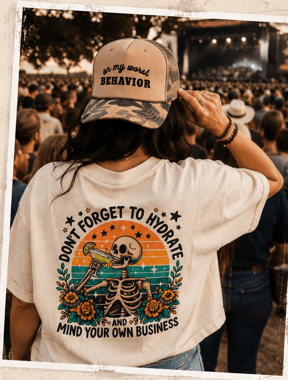 "Don't Forget to Hydrate" Semi-Cropped Western Graphic Tee — Funny Bachelorette & Girls Trip Tee | T-Shirt | "Don't Forget to Hydrate" Semi-Cropped Western Graphic Tee — Funny Bachelorette & Girls Trip Tee