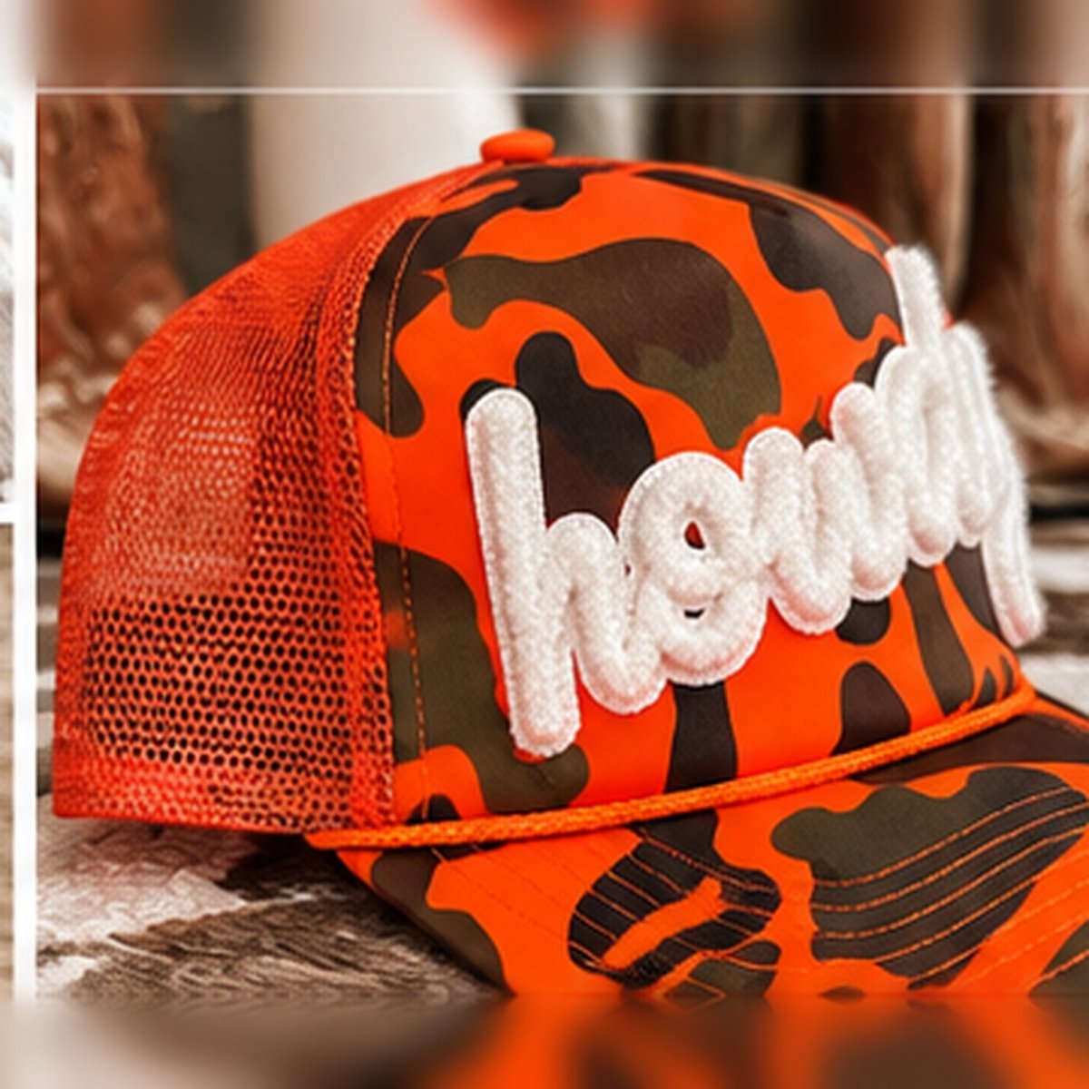 Howdy Patch Trucker Hat | Hunter Orange Camo - trucker hat