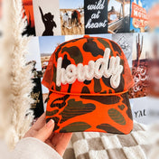 Howdy Patch Trucker Hat | Hunter Orange Camo - trucker hat