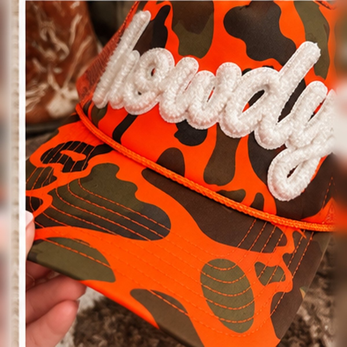 Howdy Patch Trucker Hat | Hunter Orange Camo - trucker hat