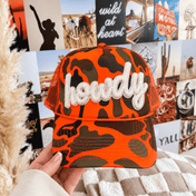 Howdy Patch Trucker Hat | Hunter Orange Camo - trucker hat