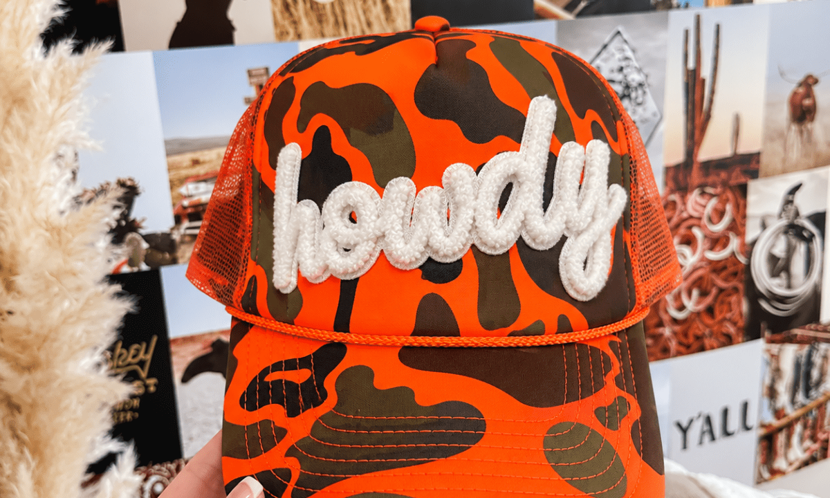 Howdy Patch Trucker Hat | Hunter Orange Camo - trucker hat