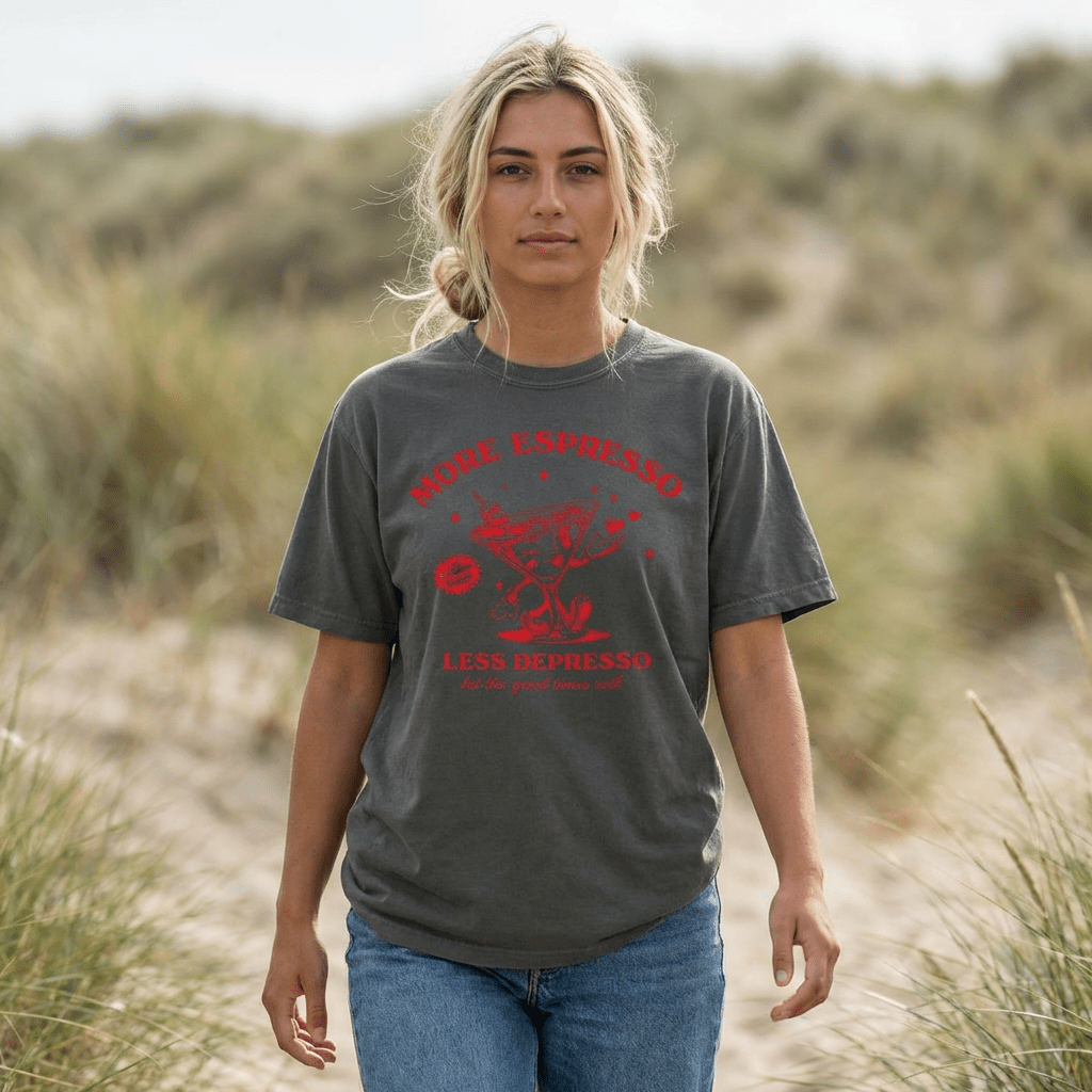 More Espresso Less Depresso Tee | Sunday Funday Girls Time Graphic T-Shirt | T-Shirt | More Espresso Less Depresso Tee | Sunday Funday Girls Time Graphic T-Shirt