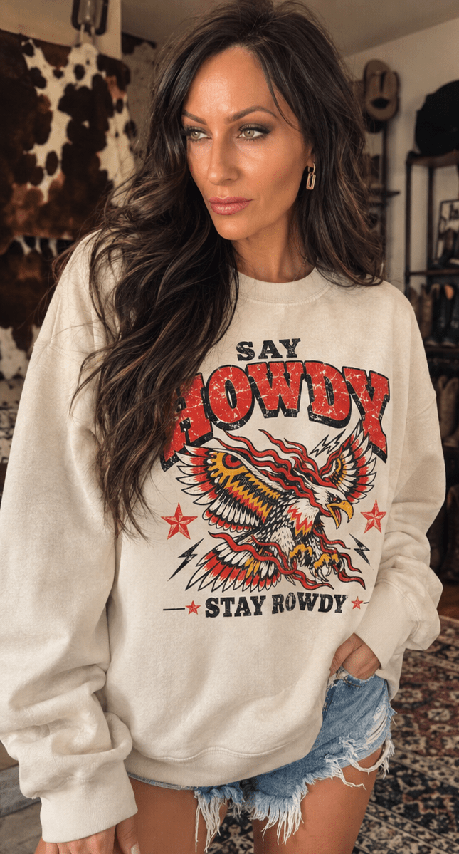 Say Howdy Stay Rowdy Western Graphic Sweatshirt – Bone - Sweatshirt