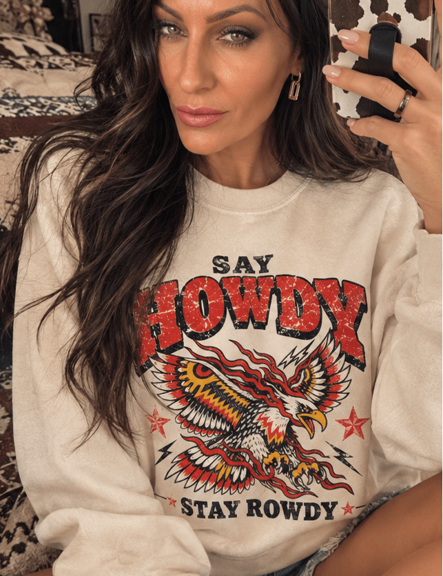 Say Howdy Stay Rowdy Western Graphic Sweatshirt – Bone - Sweatshirt