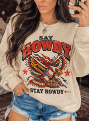 Say Howdy Stay Rowdy Western Graphic Sweatshirt – Bone - Sweatshirt
