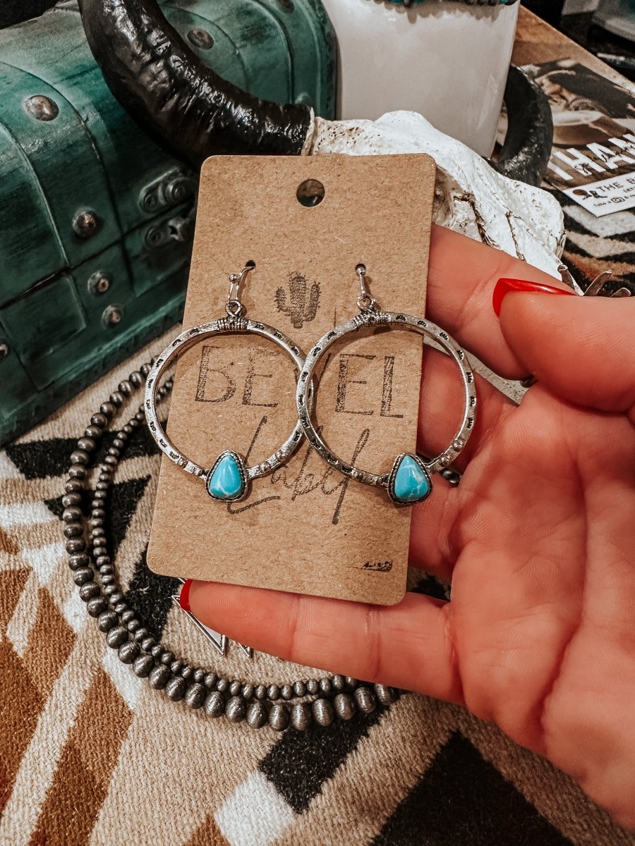 Stamped Silver and Turquoise Hoop Earrings - jewerly