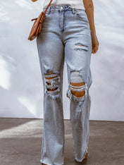 Acid Wash Wide Leg Raw Hem Distressed Jeans | ladies bell bottoms |