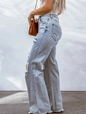 Acid Wash Wide Leg Raw Hem Distressed Jeans | ladies bell bottoms |