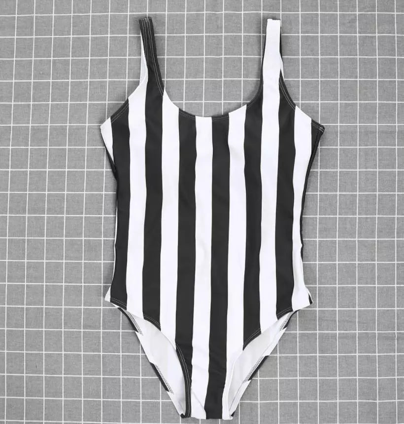 Black and White Striped One Piece Swimwear -
