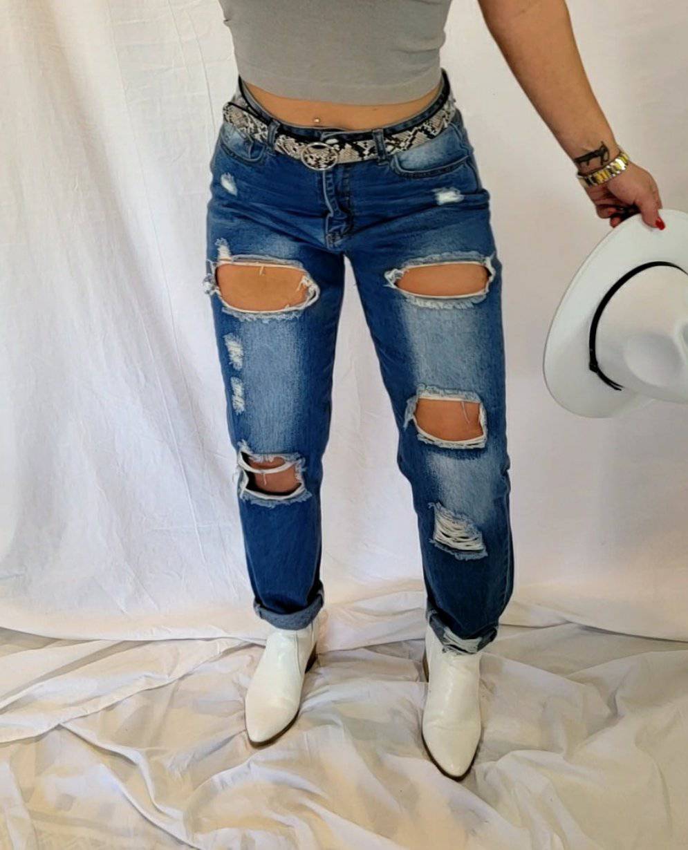 High Raise Distressed Jeans - distressed denim