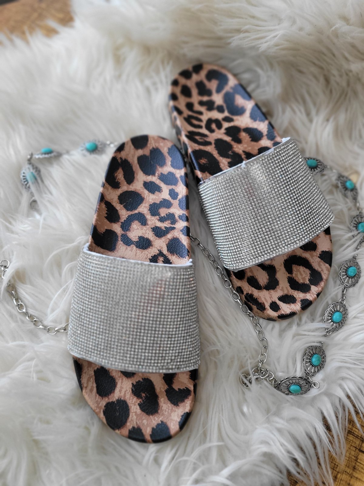 Idina Rhinestone Leopard Slip On Sandal - ladies shoes