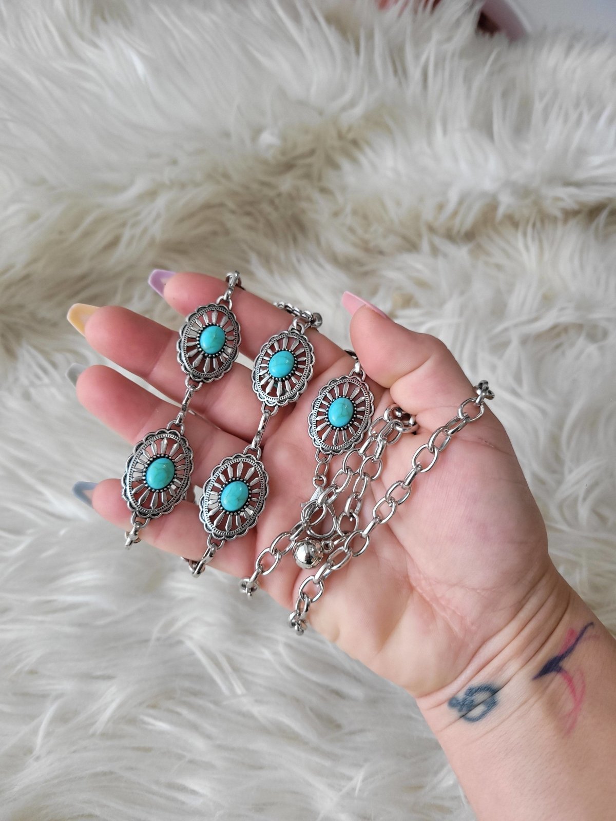 Mini Conch Turquoise Chain Belt - concho belt