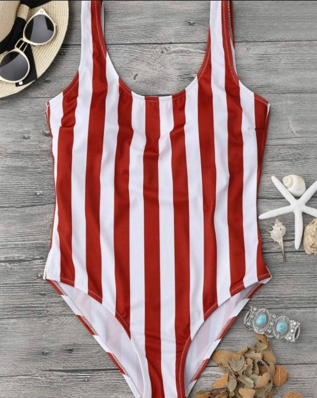 Red and White Striped One Piece Swimwear -