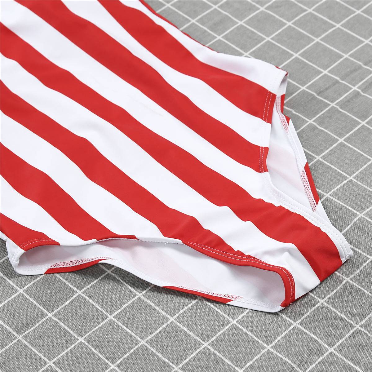Red and White Striped One Piece Swimwear -