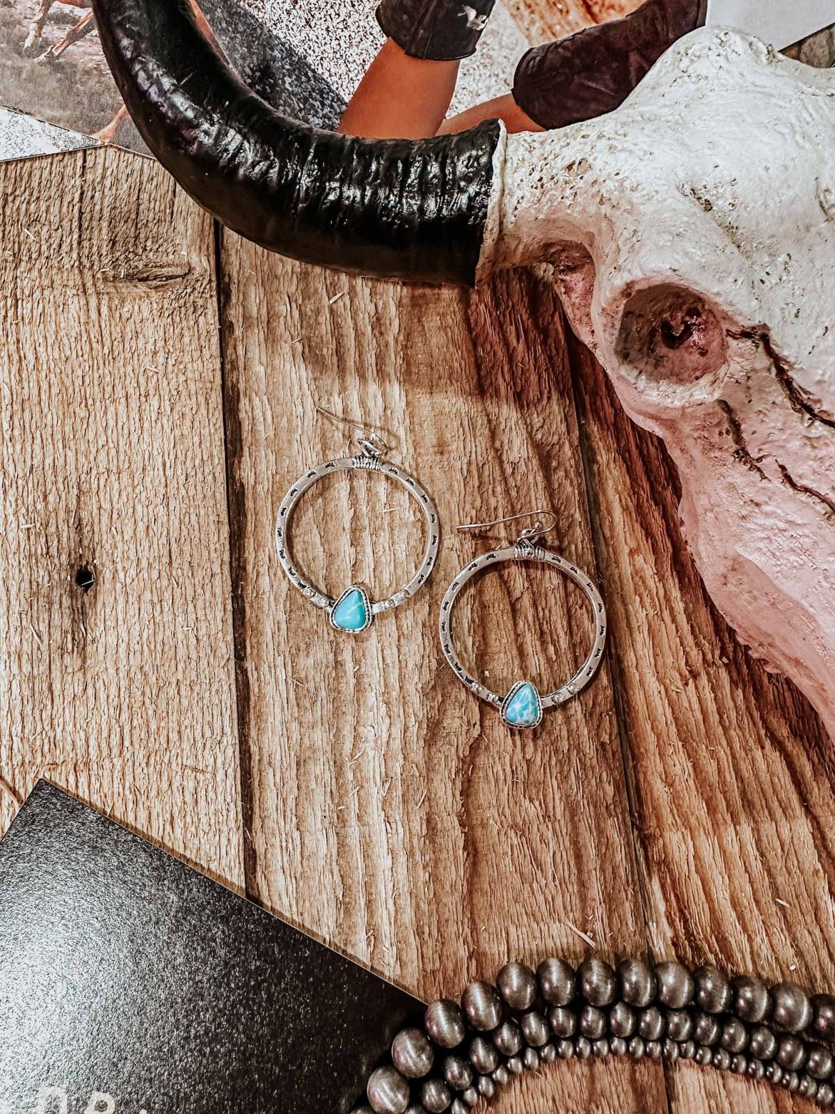 Stamped Silver and Turquoise Hoop Earrings - jewerly