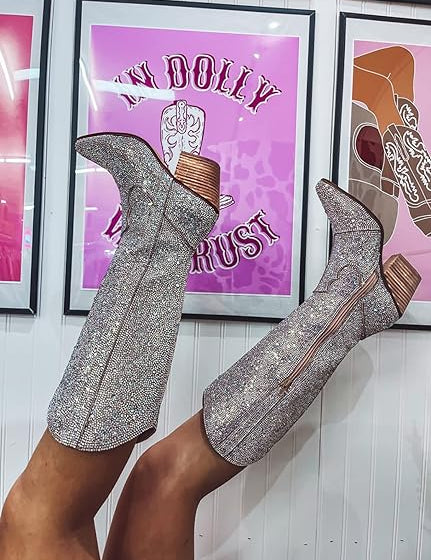Tall Silver Rhinestone Cowgirl Boots - ladies shoes